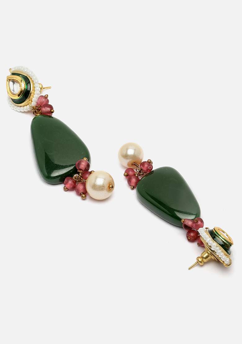 Green And Pink Gold Plated Kundan Pearl Drop Earrings - Indya
