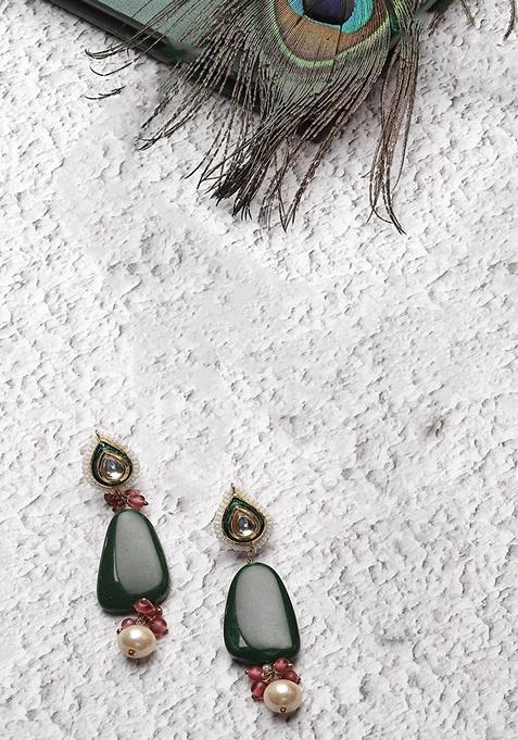 Green And Pink Gold Plated Kundan Pearl Drop Earrings