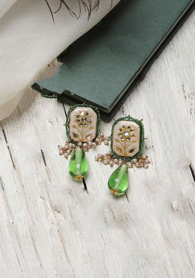 Green And Cream Gold Plated Kundan Pearl Drop Earrings - Indya