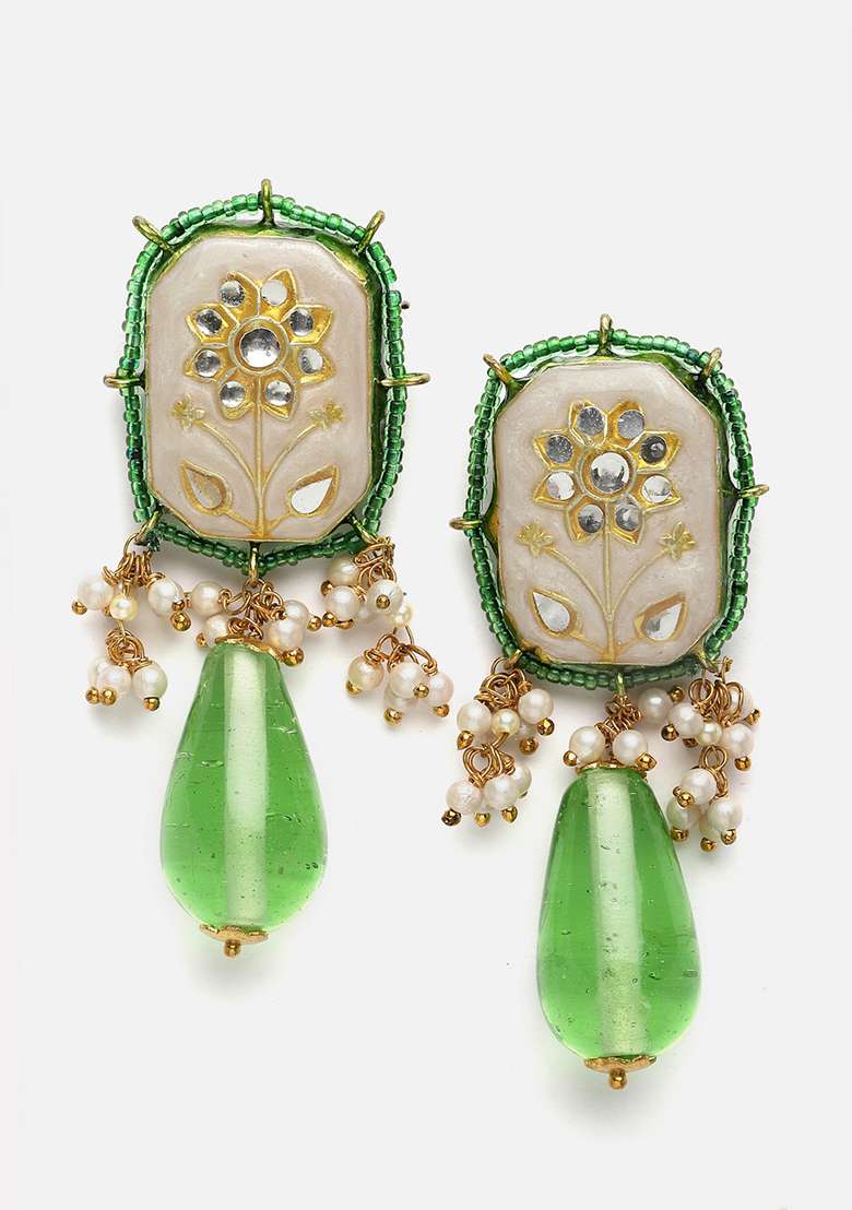 Green And Cream Gold Plated Kundan Pearl Drop Earrings - Indya