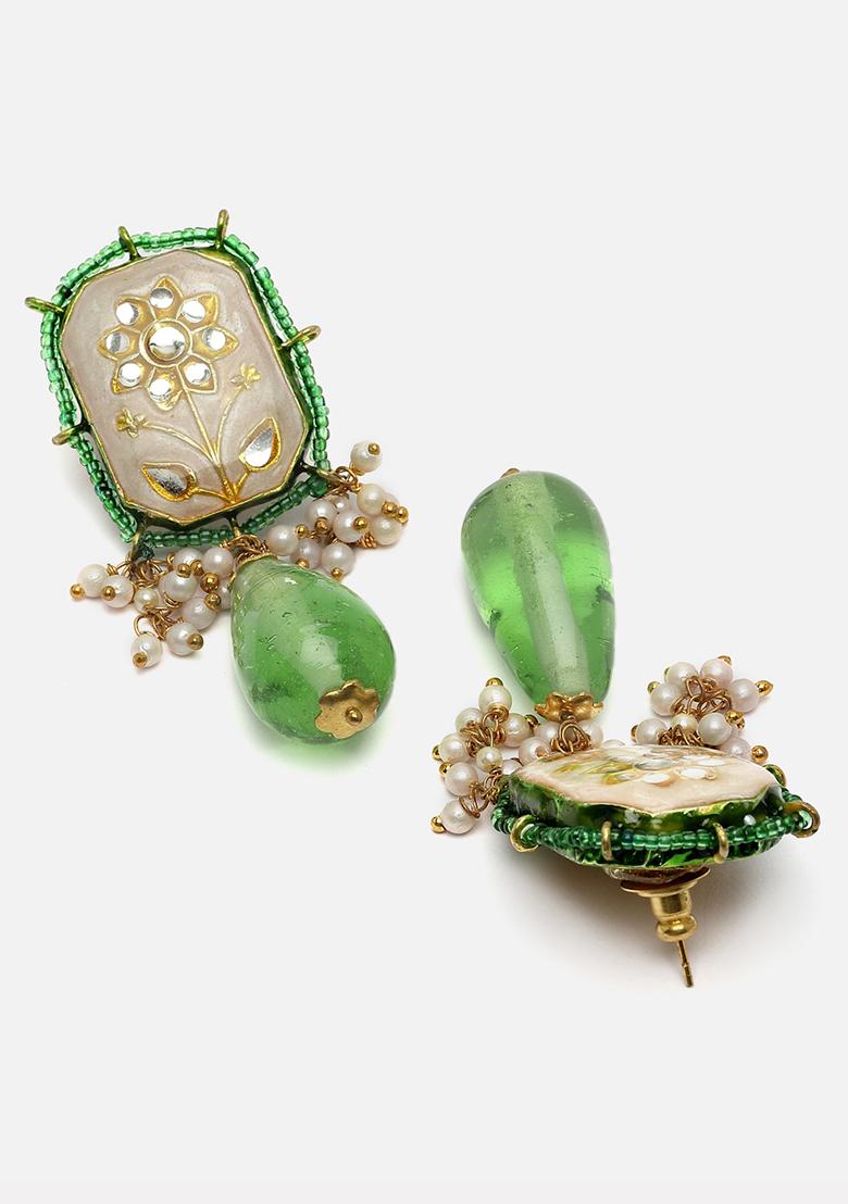 Green And Cream Gold Plated Kundan Pearl Drop Earrings - Indya