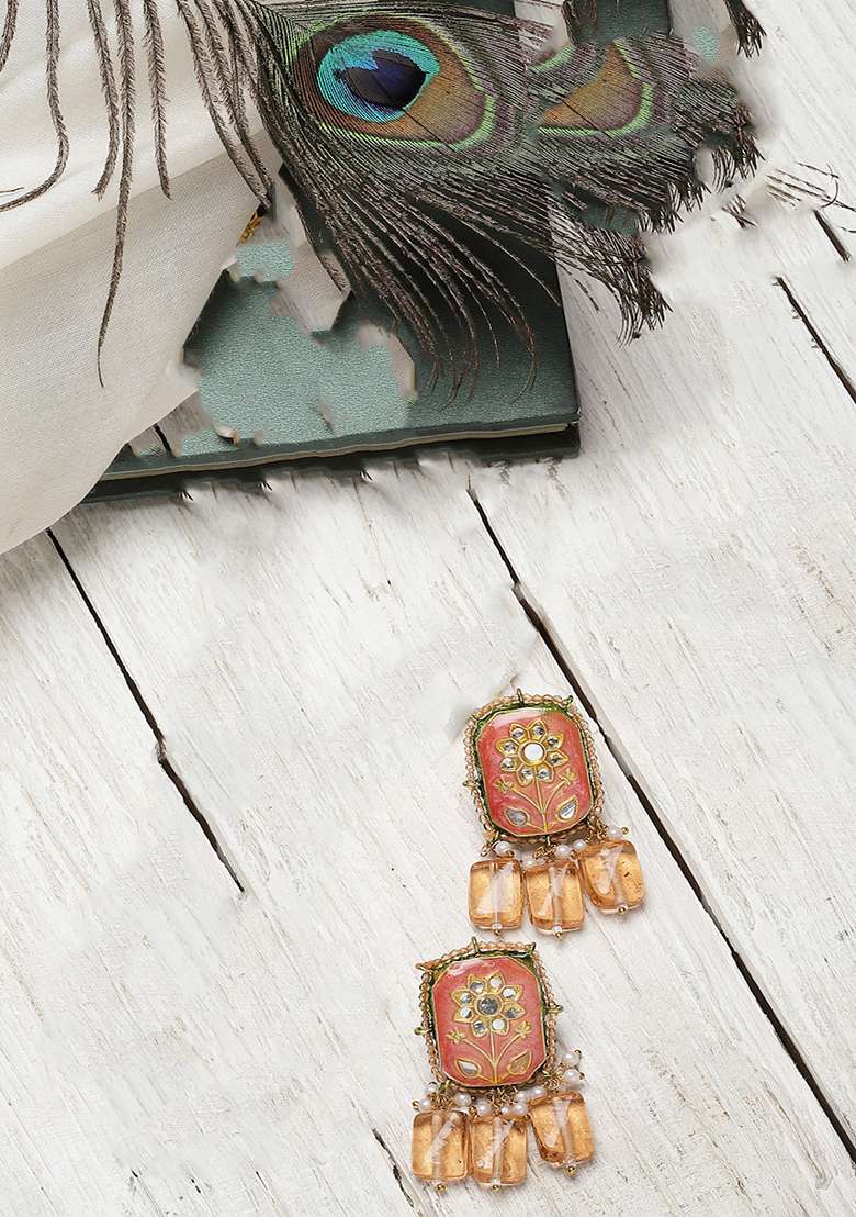 Orange And Cream Gold Plated Kundan Pearl Drop Earrings - Indya
