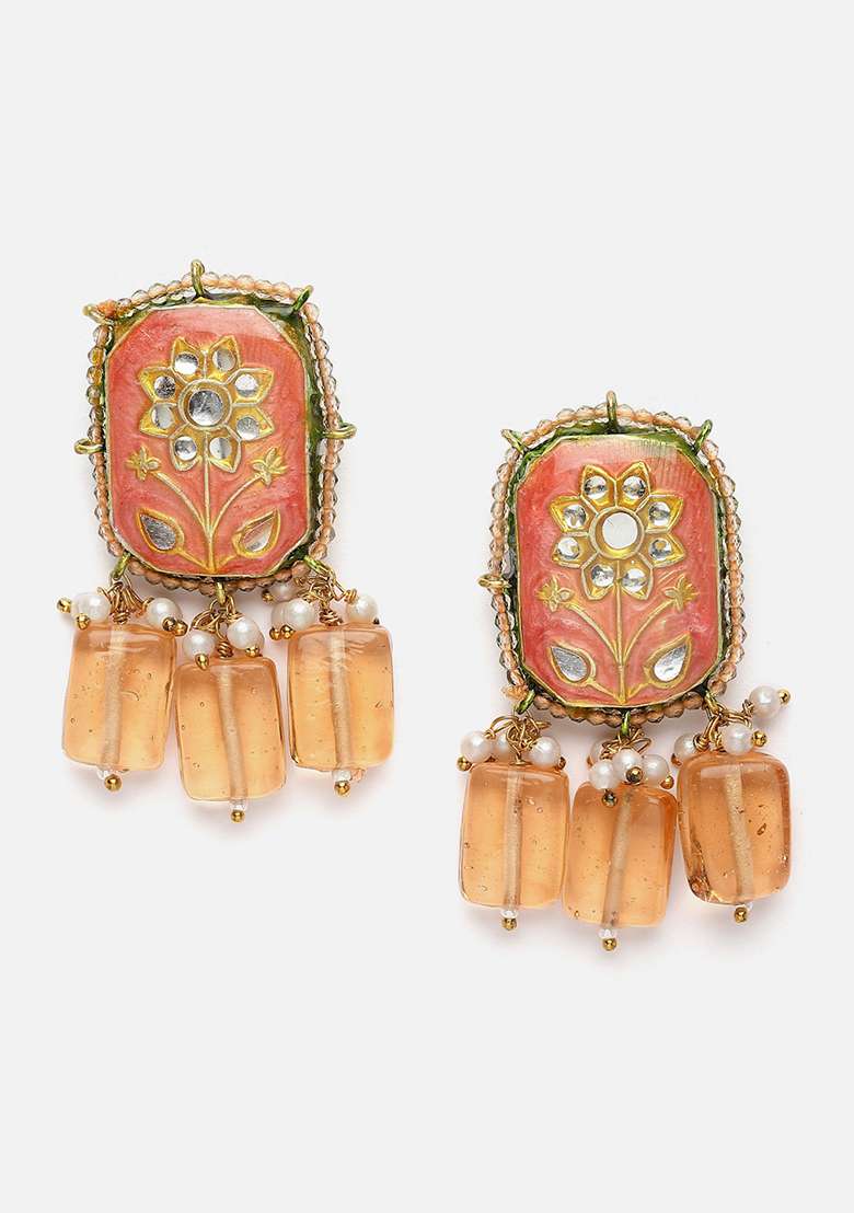 Orange And Cream Gold Plated Kundan Pearl Drop Earrings - Indya