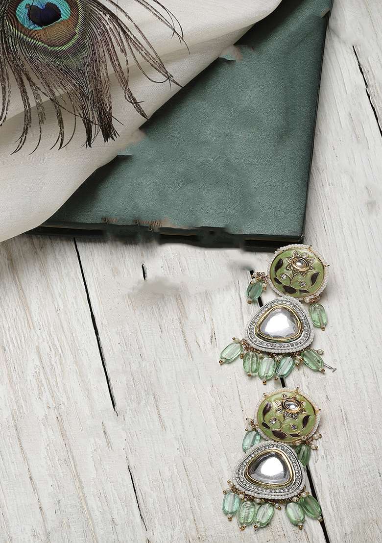 Green And Grey Gold Plated Kundan American Diamond Drop Earrings - Indya