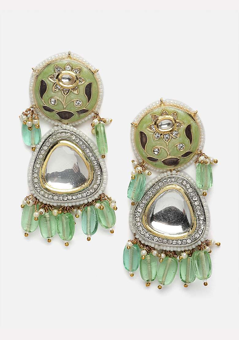 Green And Grey Gold Plated Kundan American Diamond Drop Earrings - Indya