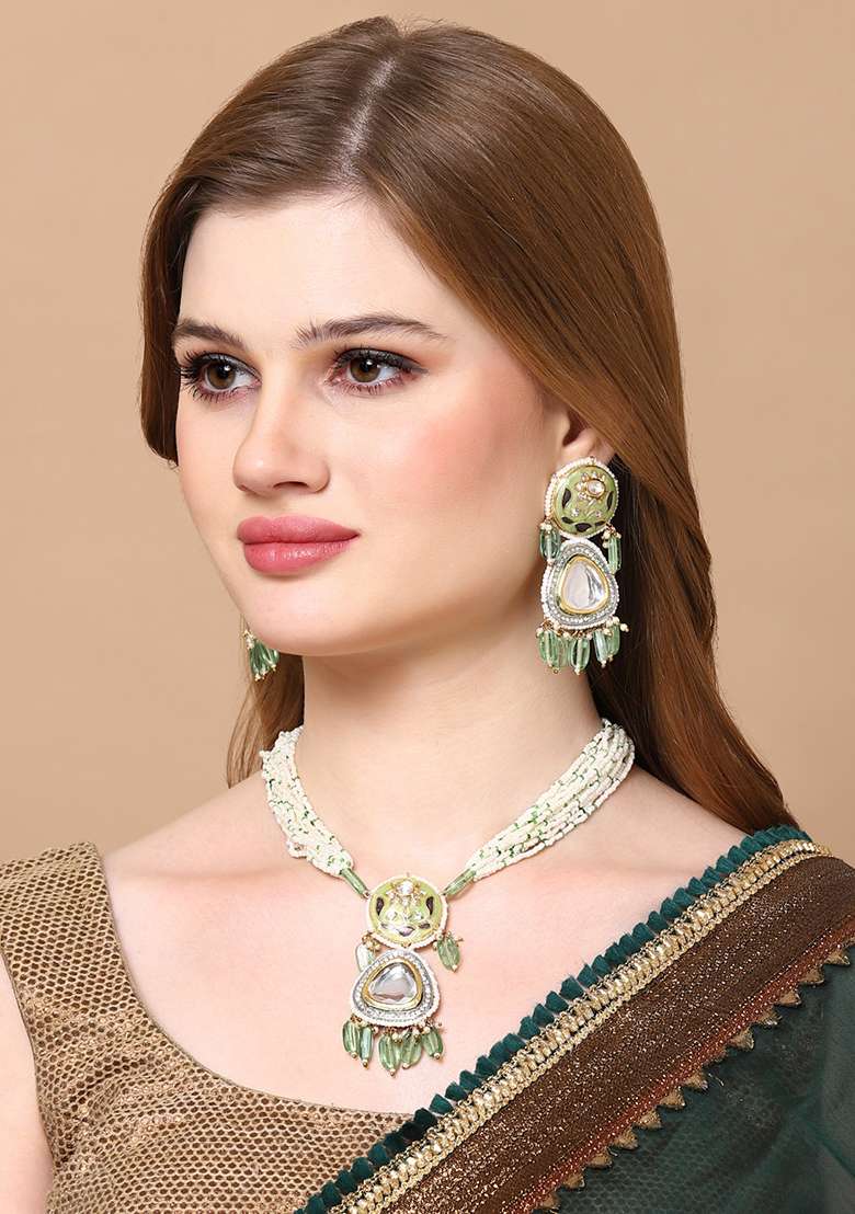 Green And Grey Gold Plated Kundan American Diamond Drop Earrings - Indya