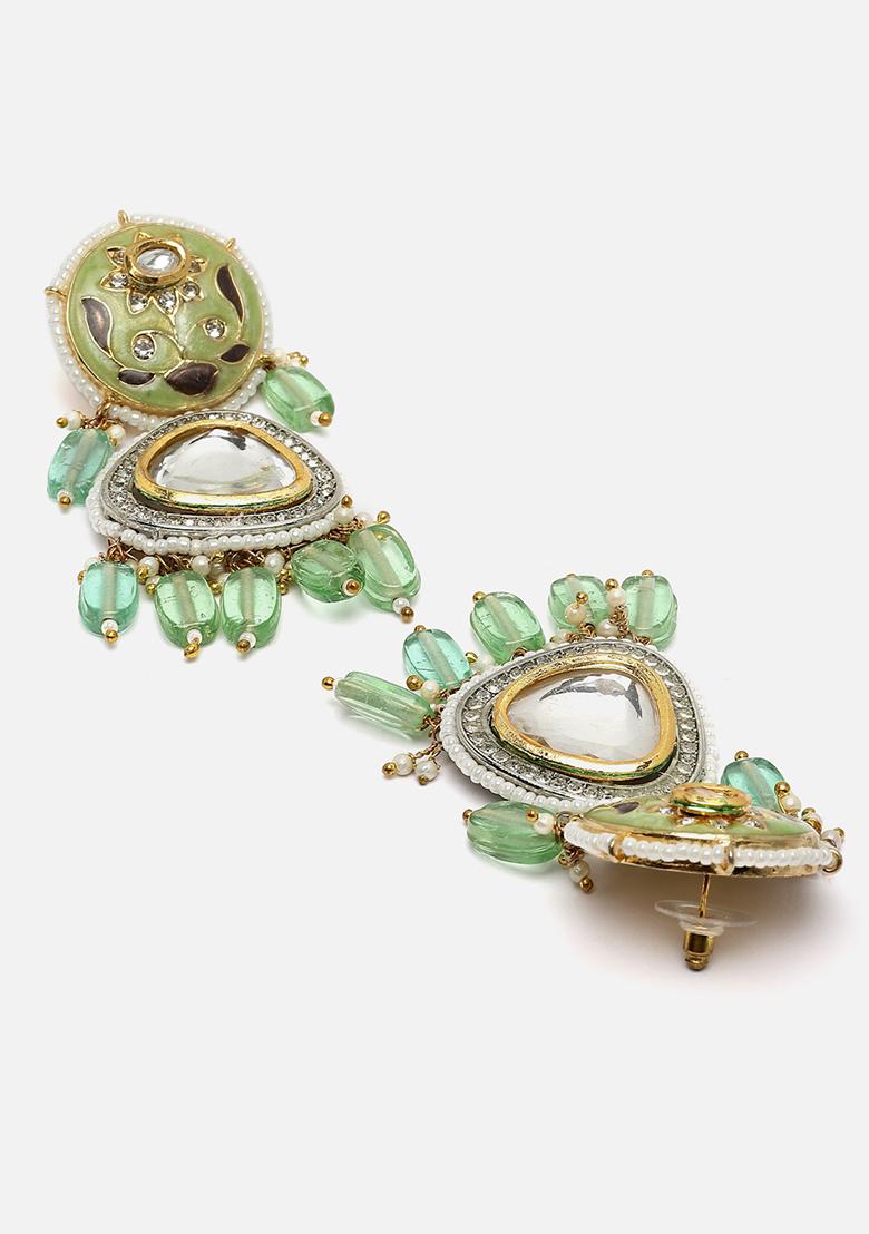 Green And Grey Gold Plated Kundan American Diamond Drop Earrings - Indya