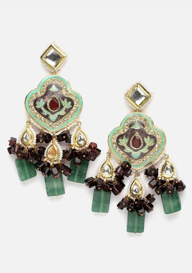 Blue And Grey Gold Plated Kundan American Diamond Drop Earrings - Indya