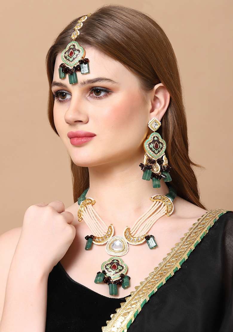 Blue And Grey Gold Plated Kundan American Diamond Drop Earrings - Indya