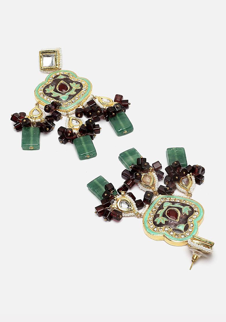 Blue And Grey Gold Plated Kundan American Diamond Drop Earrings - Indya