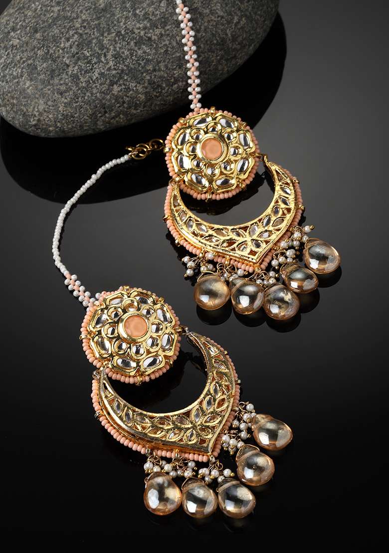 Peach And Yellow Gold Plated Kundan Pearl Drop Earrings - Indya