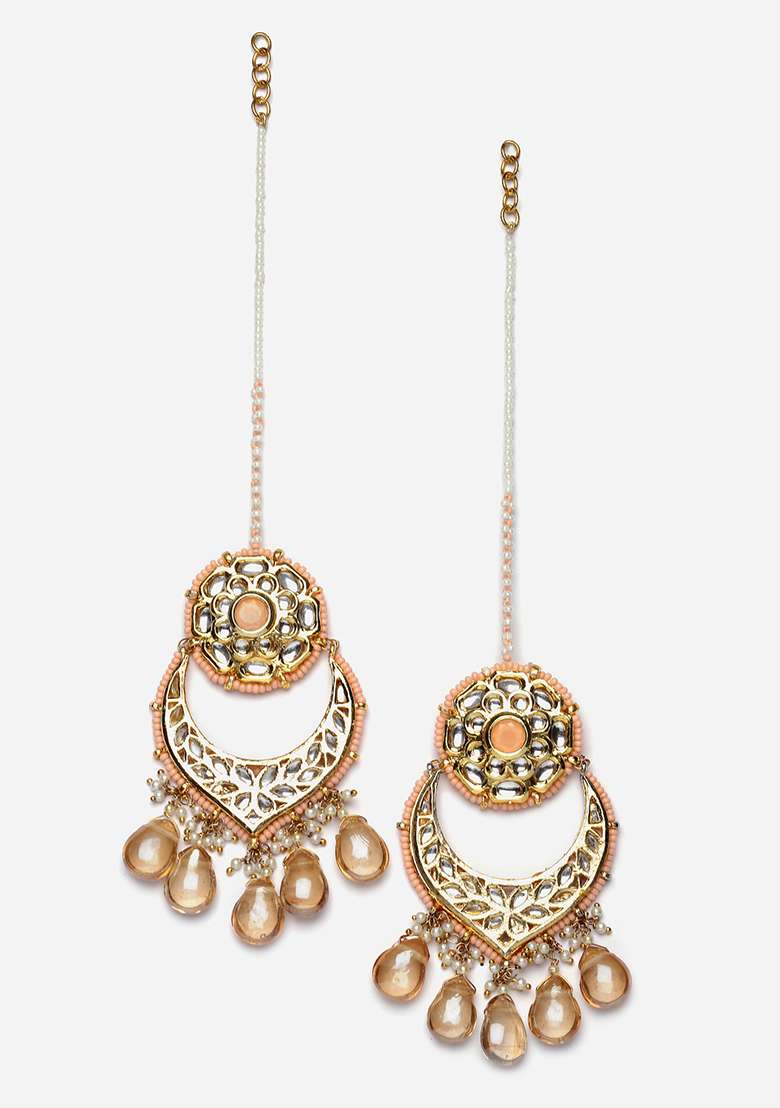 Peach And Yellow Gold Plated Kundan Pearl Drop Earrings - Indya