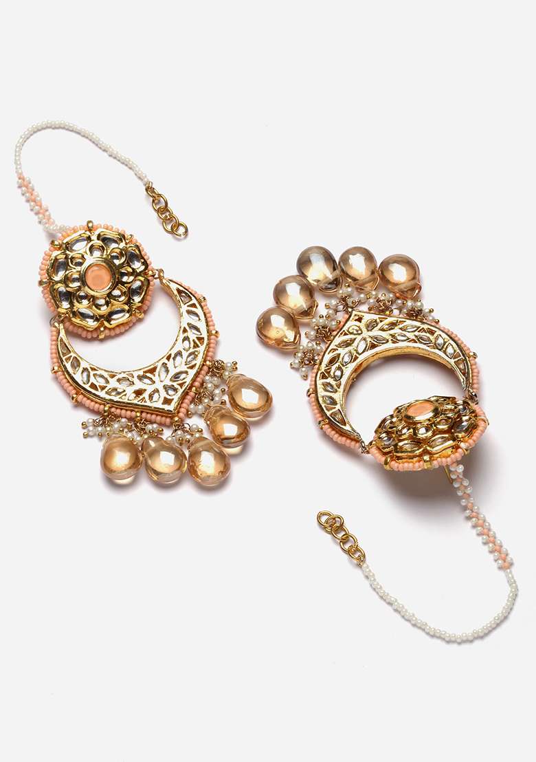 Peach And Yellow Gold Plated Kundan Pearl Drop Earrings - Indya