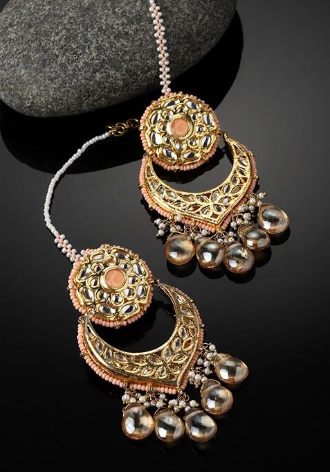 Peach And Yellow Gold Plated Kundan Pearl Drop Earrings