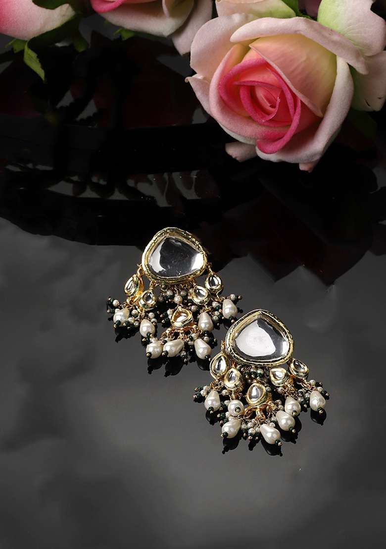 Green Gold Plated Kundan Pearl Drop Earrings - Indya