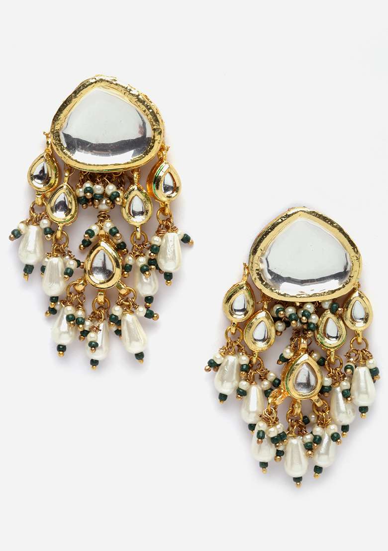 Green Gold Plated Kundan Pearl Drop Earrings - Indya