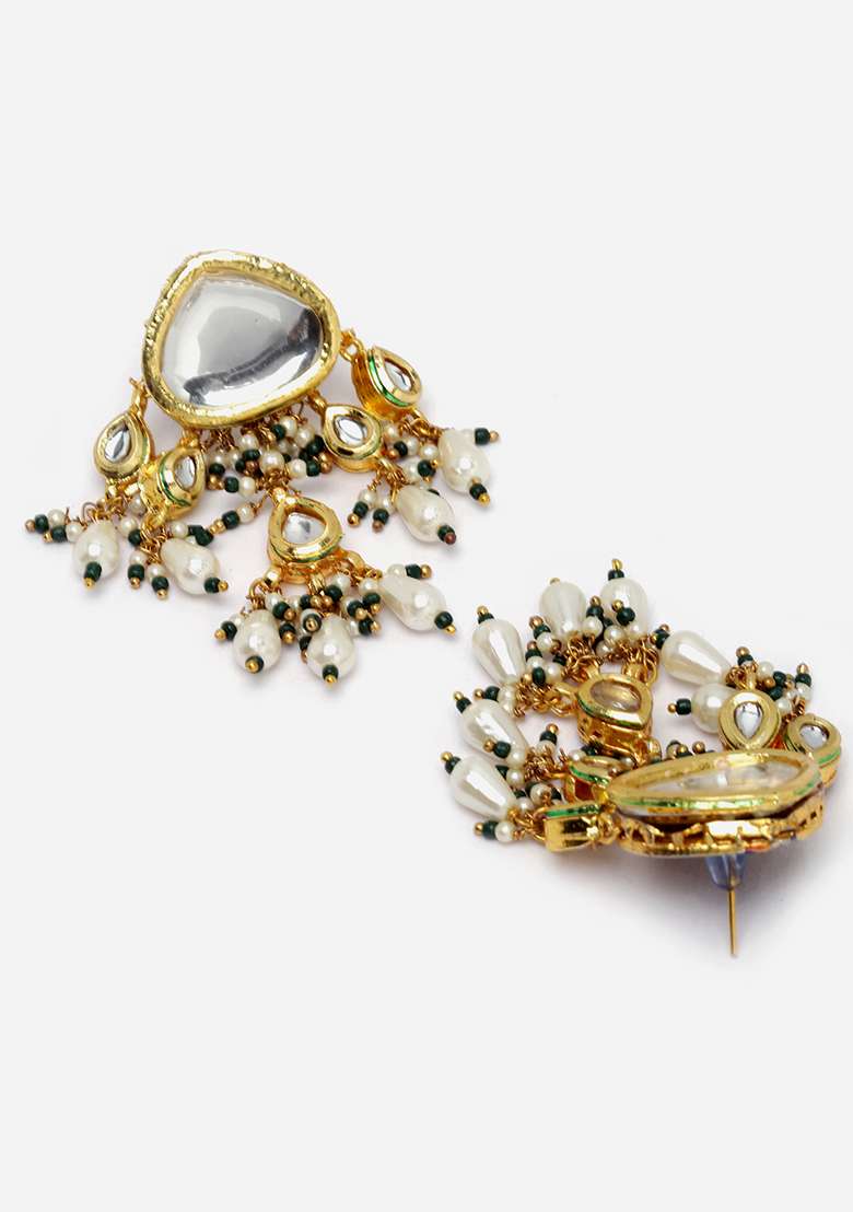 Green Gold Plated Kundan Pearl Drop Earrings - Indya