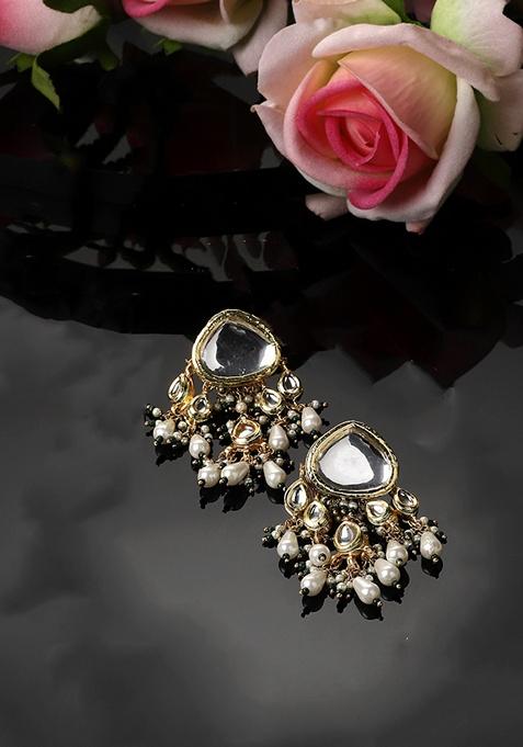 Green Gold Plated Kundan Pearl Drop Earrings