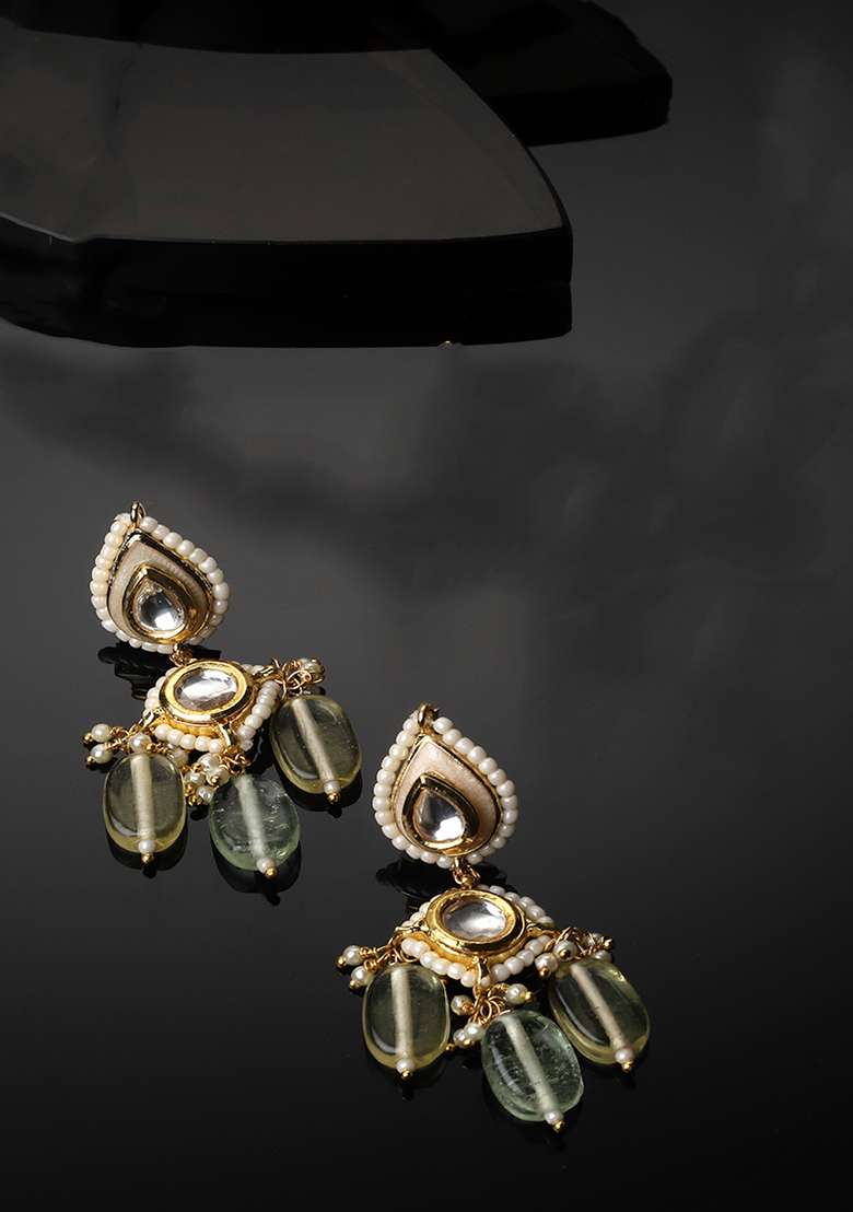 Green And Yellow Gold Plated Kundan Pearl Drop Earrings - Indya