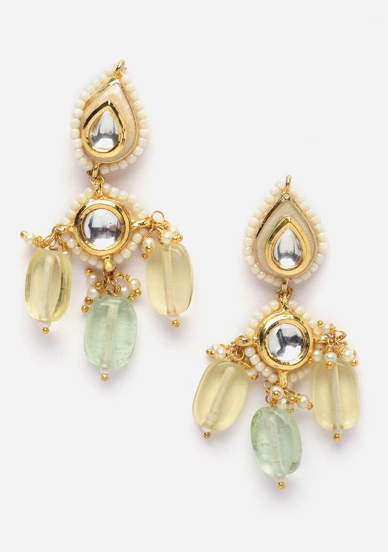 Green And Yellow Gold Plated Kundan Pearl Drop Earrings - Indya