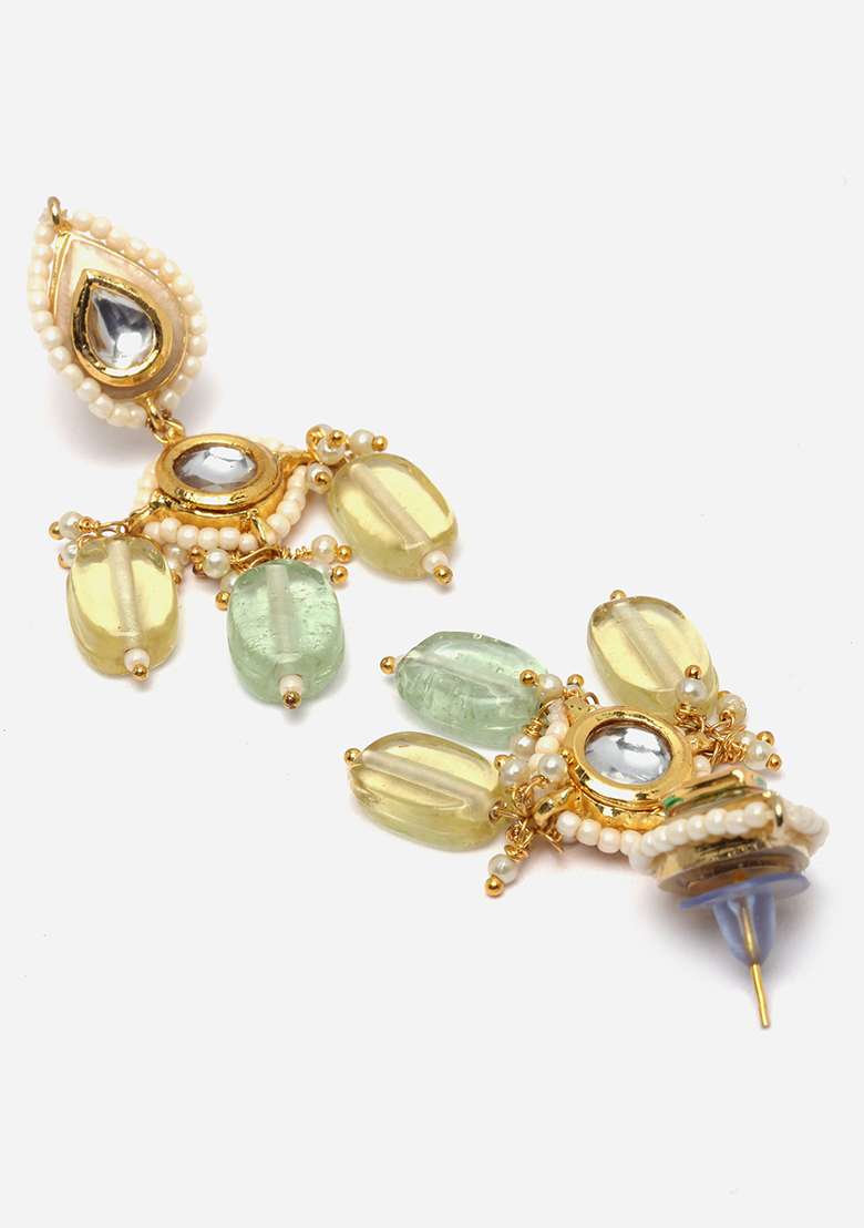 Green And Yellow Gold Plated Kundan Pearl Drop Earrings - Indya