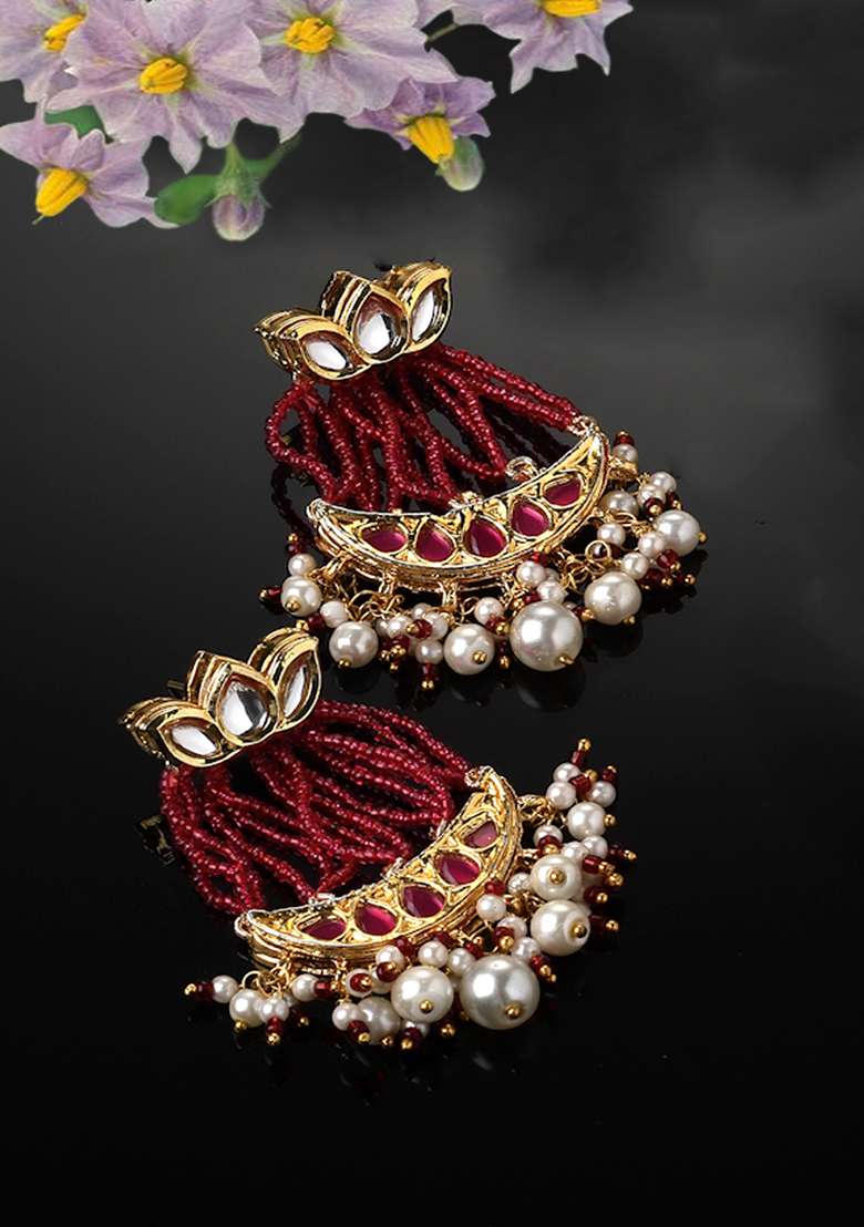 Pink Gold Plated Kundan Pearl Drop Earrings - Indya