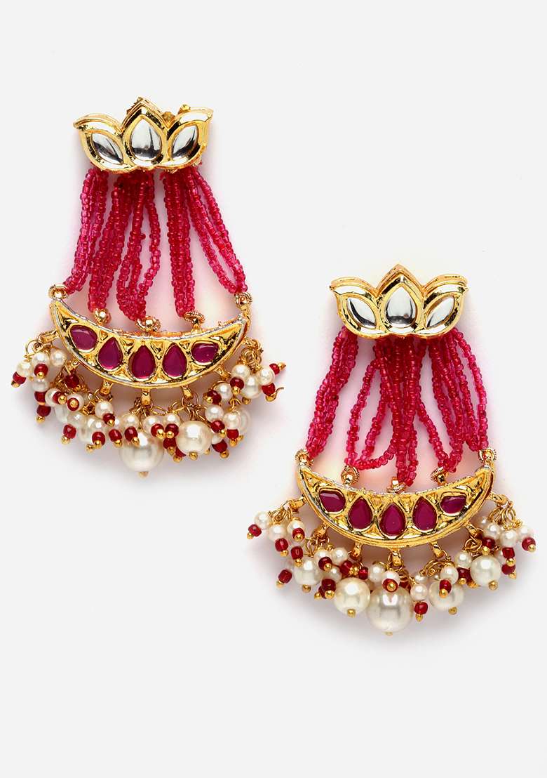 Pink Gold Plated Kundan Pearl Drop Earrings - Indya