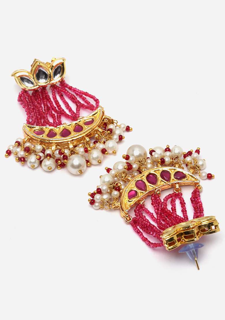 Pink Gold Plated Kundan Pearl Drop Earrings - Indya
