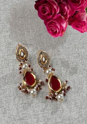Red Gold Plated Kundan American Diamond Drop Earrings
