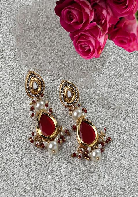 Red Gold Plated Kundan American Diamond Drop Earrings