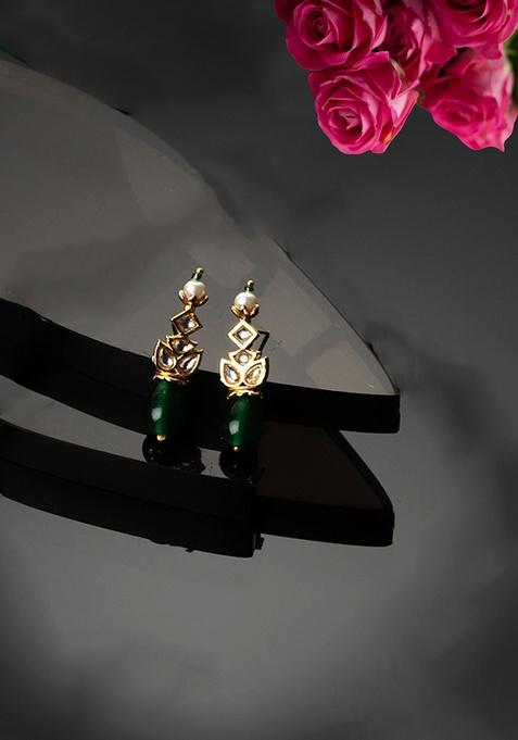 Green Gold Plated Kundan Pearl Drop Earrings