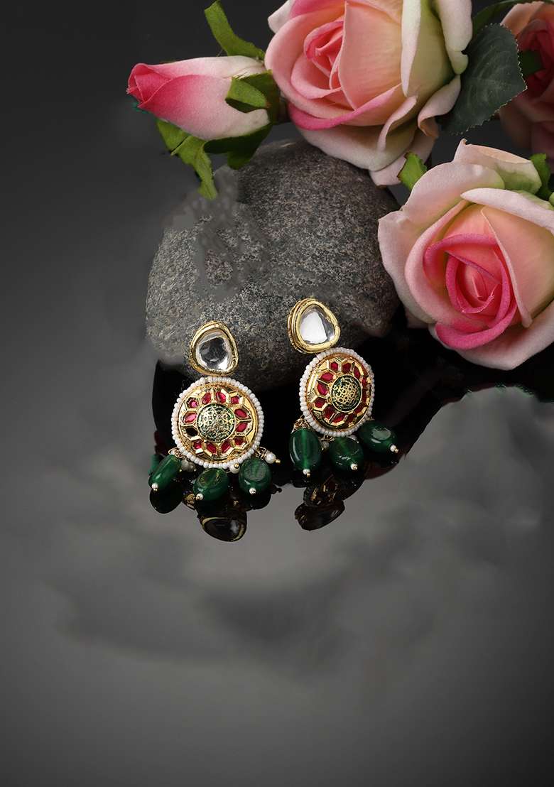 Green And Pink Gold Plated Kundan Pearl Drop Earrings - Indya