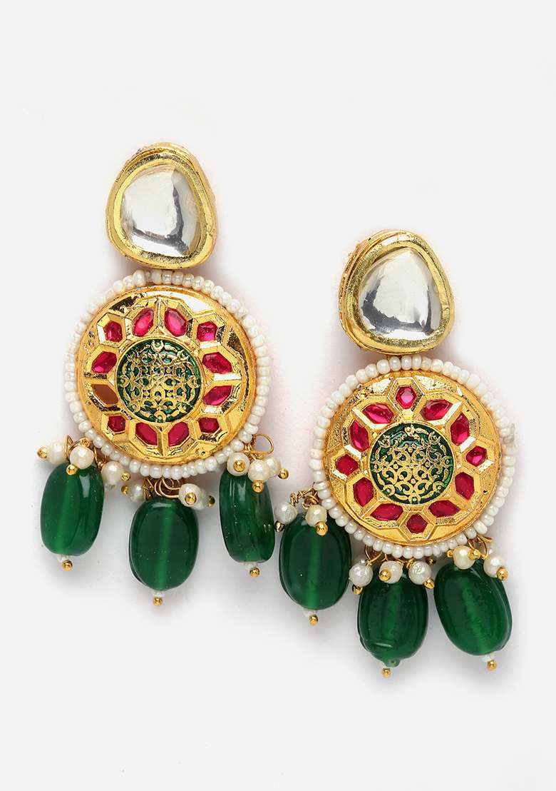 Green And Pink Gold Plated Kundan Pearl Drop Earrings - Indya