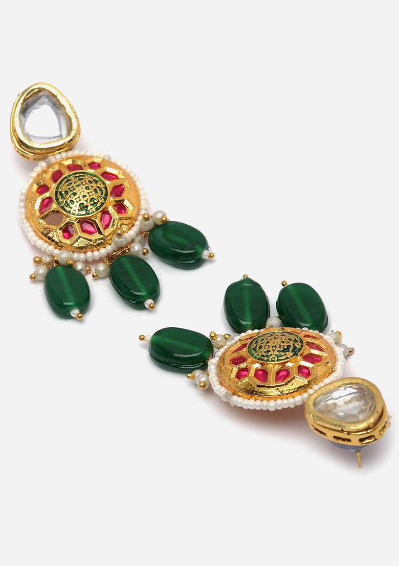 Green And Pink Gold Plated Kundan Pearl Drop Earrings - Indya