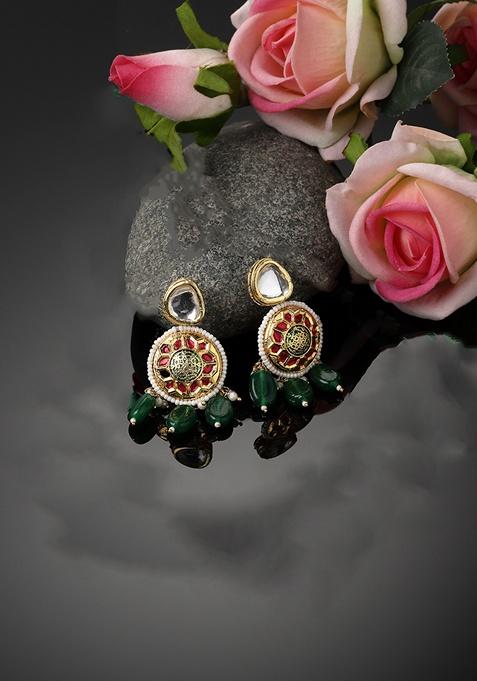 Green And Pink Gold Plated Kundan Pearl Drop Earrings