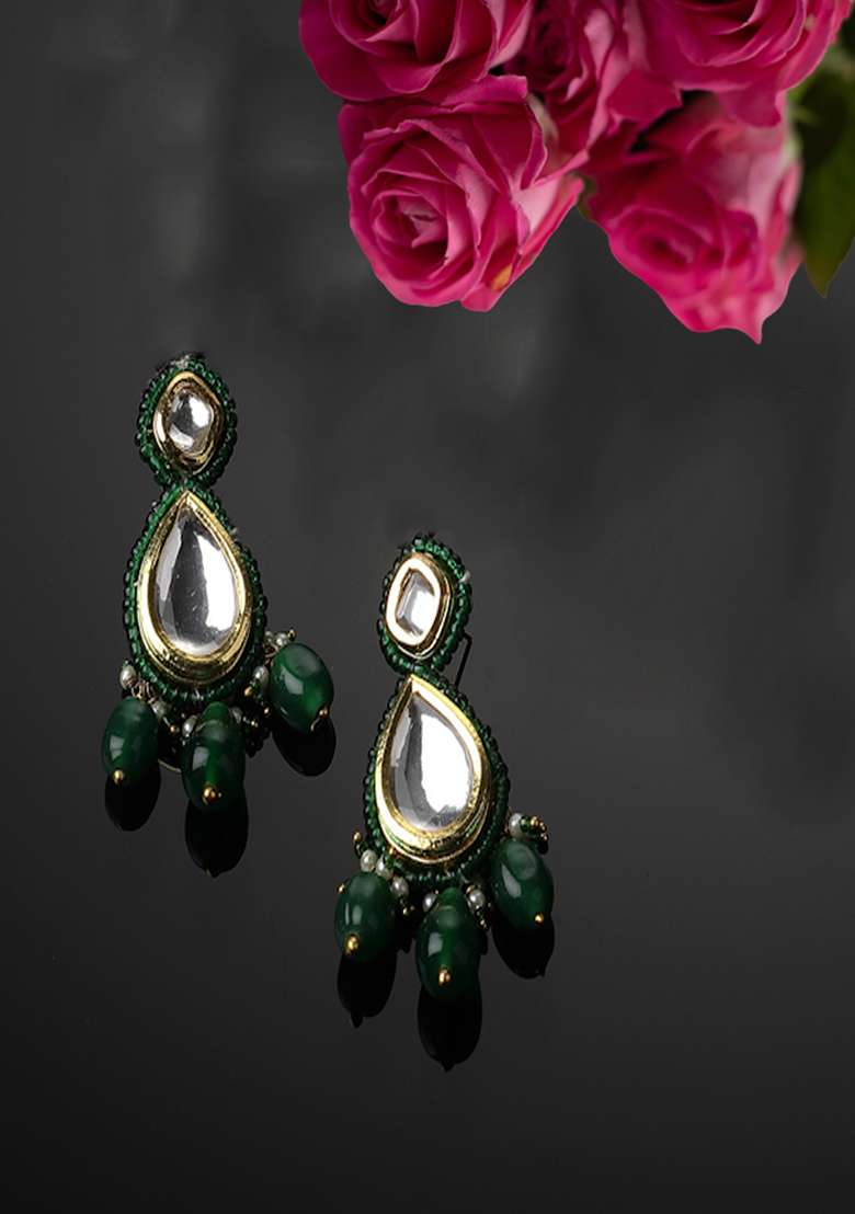 Green Gold Plated Kundan Pearl Drop Earrings - Indya