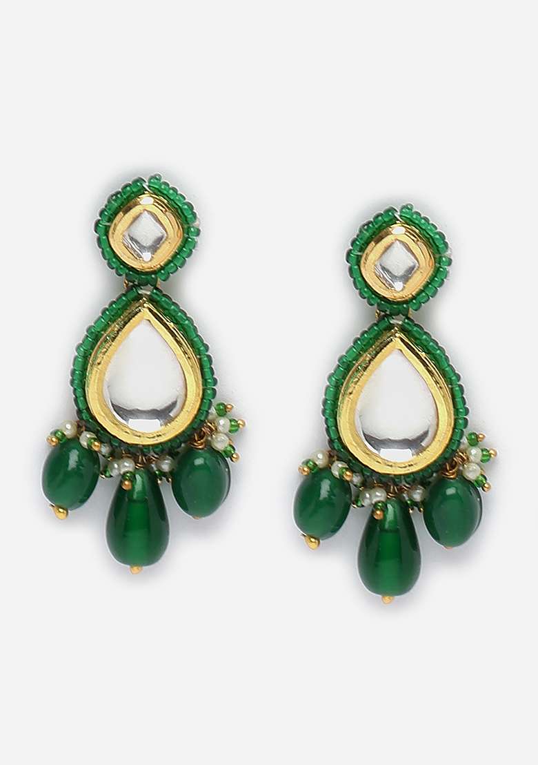 Green Gold Plated Kundan Pearl Drop Earrings - Indya
