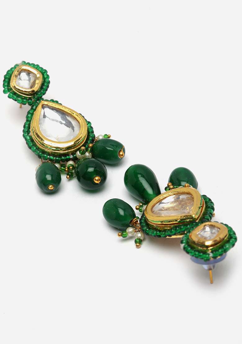 Green Gold Plated Kundan Pearl Drop Earrings - Indya
