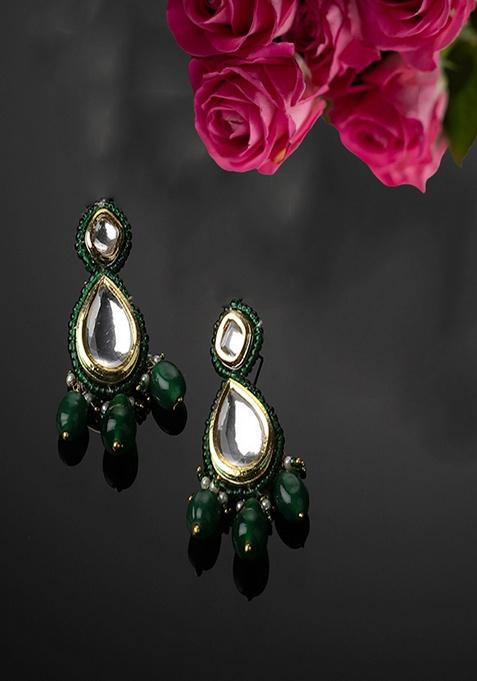 Green Gold Plated Kundan Pearl Drop Earrings