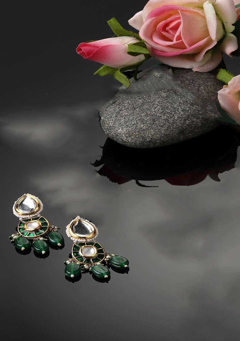 Green Gold Plated Kundan Pearl Drop Earrings - Indya