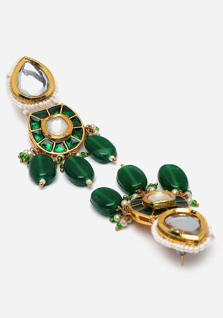 Green Gold Plated Kundan Pearl Drop Earrings - Indya