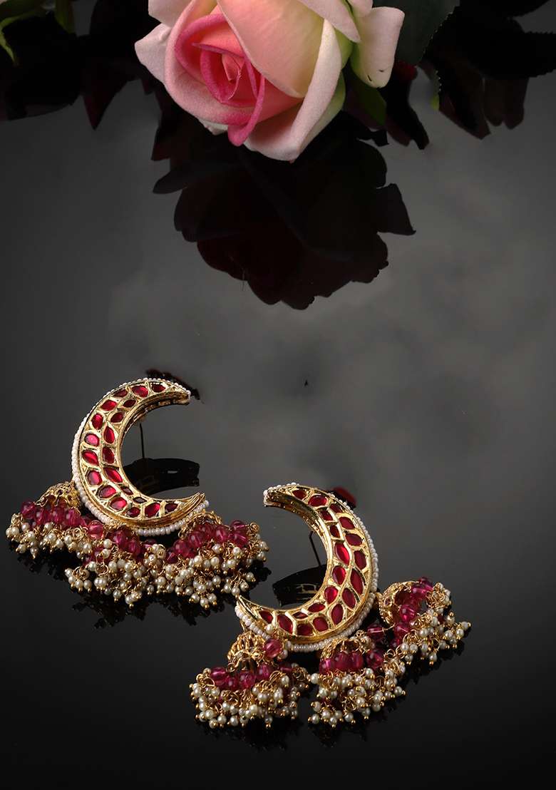 Pink Gold Plated Kundan Pearl Jhumka Earrings - Indya