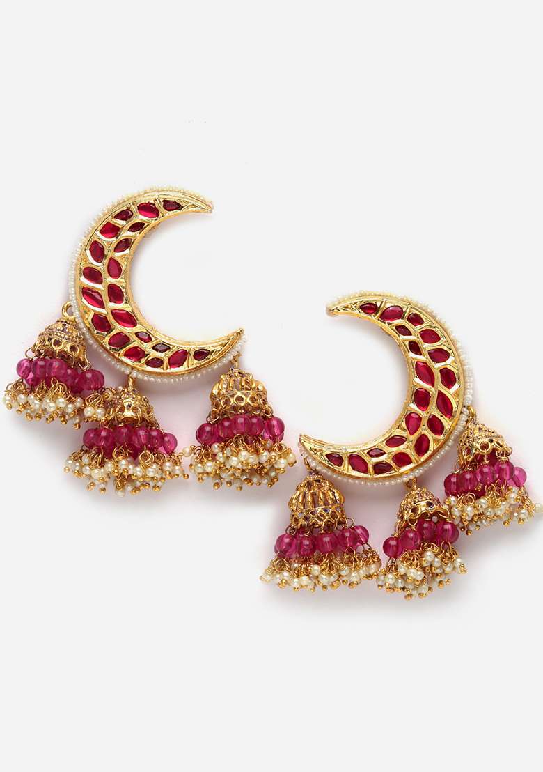 Pink Gold Plated Kundan Pearl Jhumka Earrings - Indya