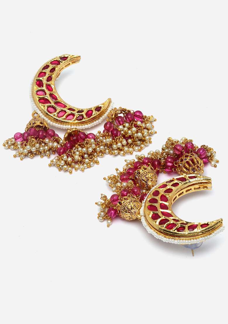 Pink Gold Plated Kundan Pearl Jhumka Earrings - Indya