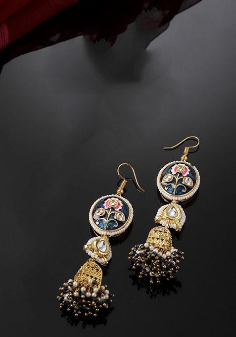 Blue Gold Plated Kundan Pearl Jhumka Earrings