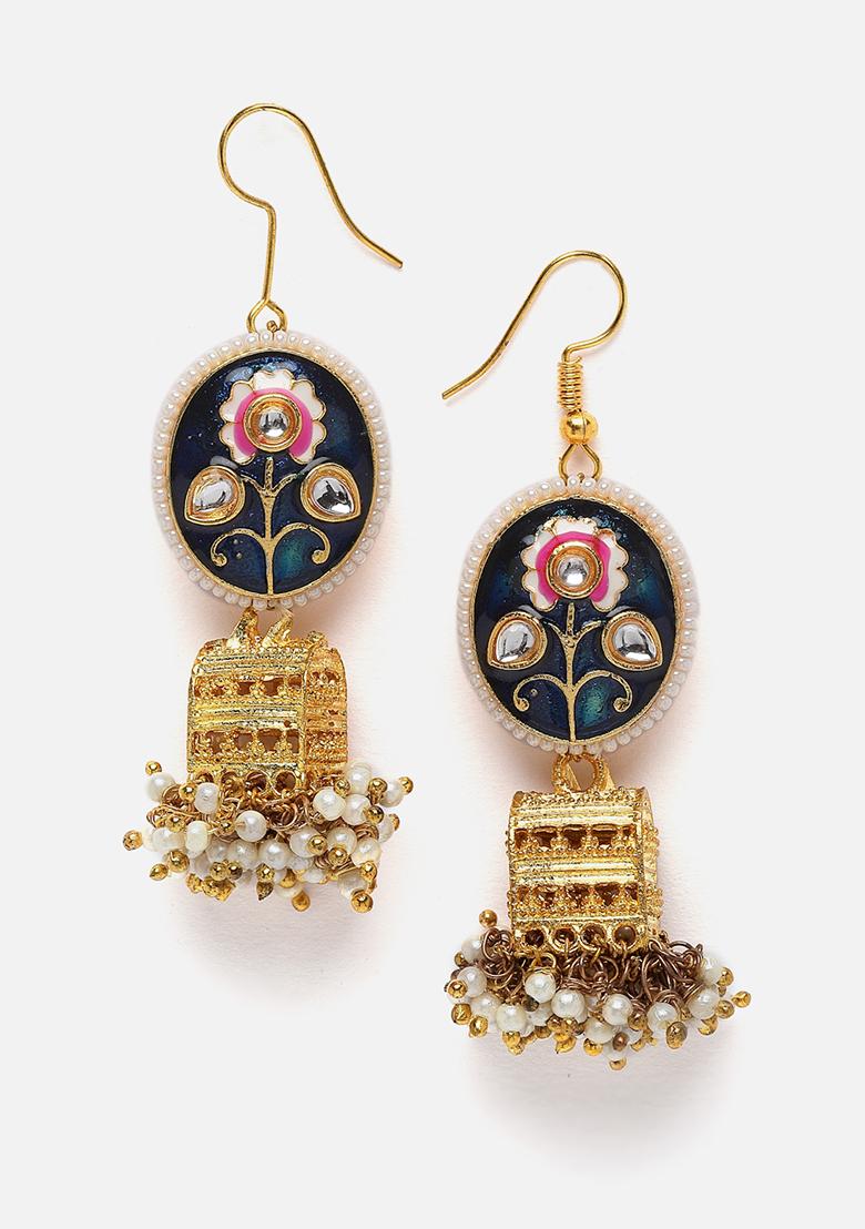 Blue Gold Plated Kundan Pearl Jhumka Earrings - Indya