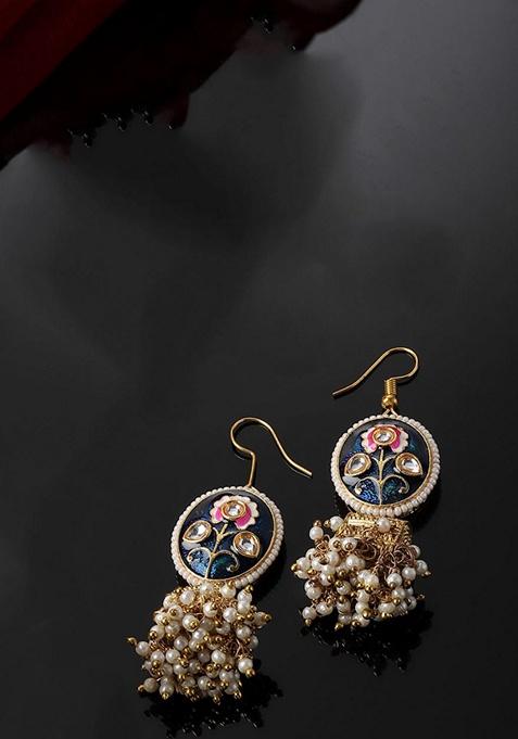 Blue Gold Plated Kundan Pearl Jhumka Earrings