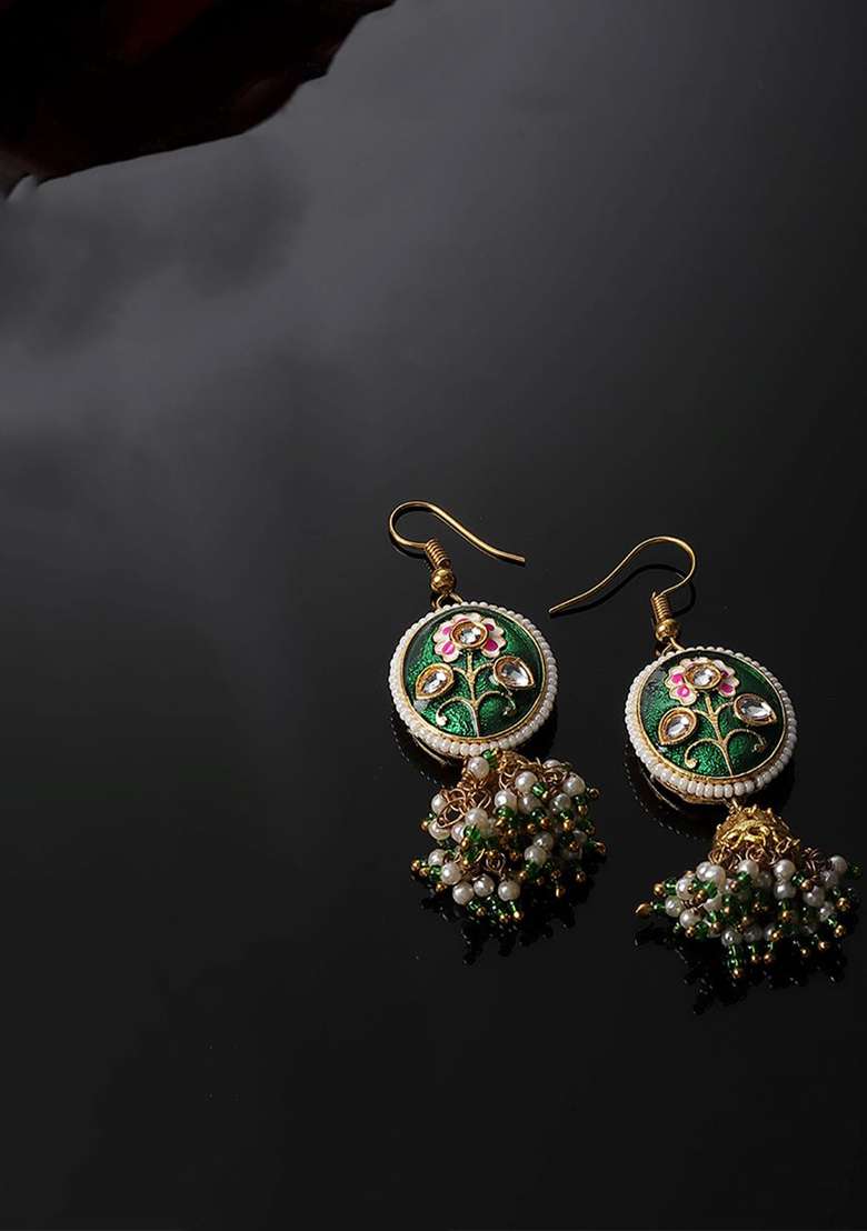 Green Gold Plated Kundan Pearl Jhumka Earrings - Indya