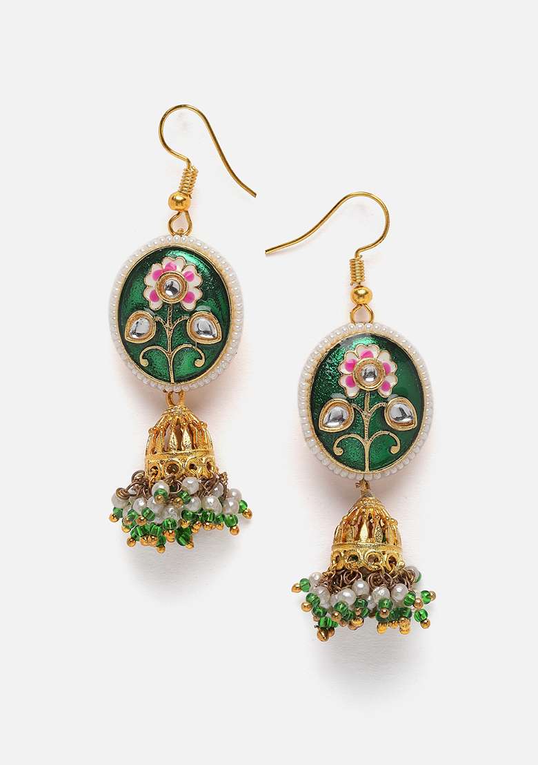 Green Gold Plated Kundan Pearl Jhumka Earrings - Indya