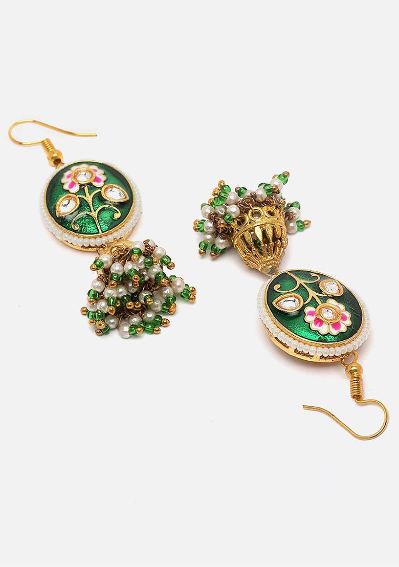 Green Gold Plated Kundan Pearl Jhumka Earrings - Indya